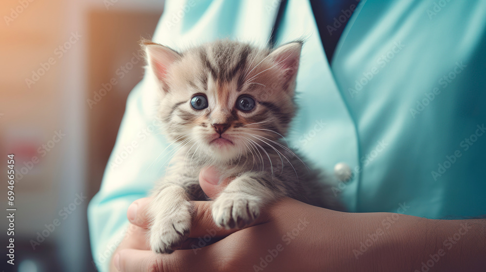 girl vet doctor with gloves holding small cat color striped in one hand.Safety and care of animals.Veterinary clinic. Treatment of a cat. Professional medical care. Diseases of pets. Horizontal banner