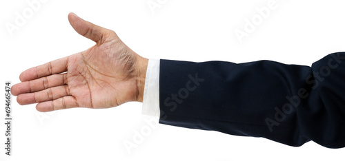 Businessman's hand reaching out to greet to shake hands, make acquaintances or make a business deal isolate on white PNG File.