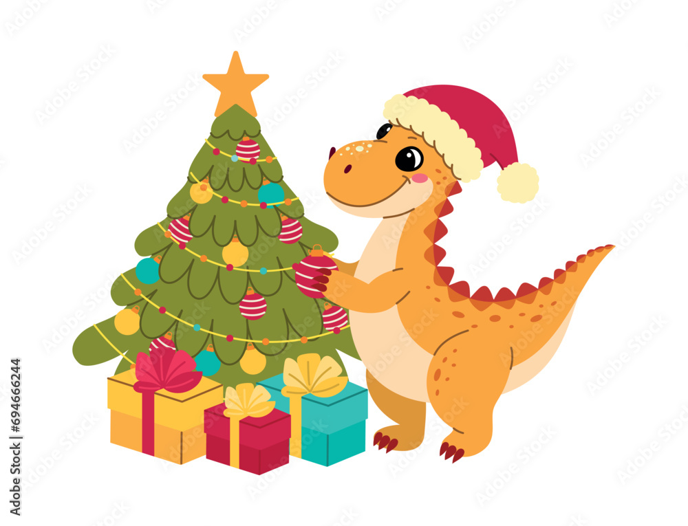 Dinosaur Tyrannosaur decorates a Christmas tree for the New Year and Christmas, vector flat illustration