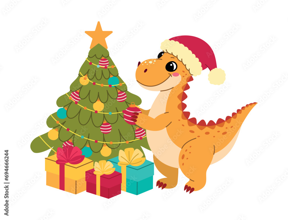 Dinosaur Tyrannosaur decorates a Christmas tree for the New Year and Christmas, vector flat illustration Dinosaur Tyrannosaur decorates a Christmas tree for the New Year and Christmas, vector flat illustration