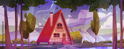 Cartoon landscape with wooden house in forest near mountains under cloudy sky, falling rain drops and lightning. Vector illustration of cabin made of wood during rainy weather and thunder storm.