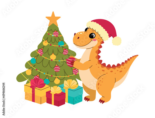 Dinosaur Tyrannosaur decorates a Christmas tree for the New Year and Christmas  vector flat illustration