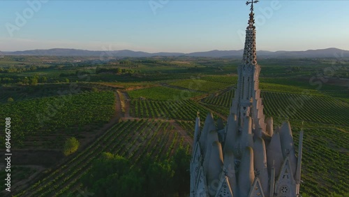 Drone approach to Virgin of Montserrat Sanctuary and vineyards, Montferri photo