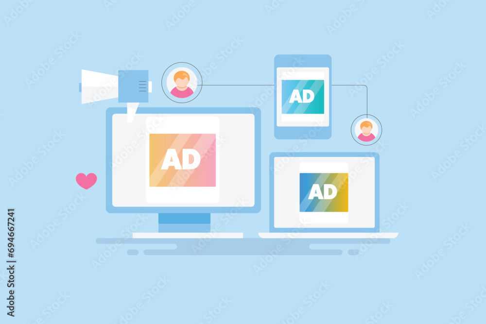 Online ads display on multiple digital devices, native advertising and customer-oriented ad targeting digital technology vector illustration web banner.