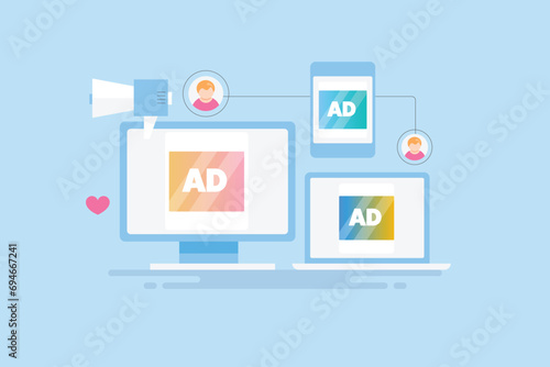 Online ads display on multiple digital devices, native advertising and customer-oriented ad targeting digital technology vector illustration web banner.