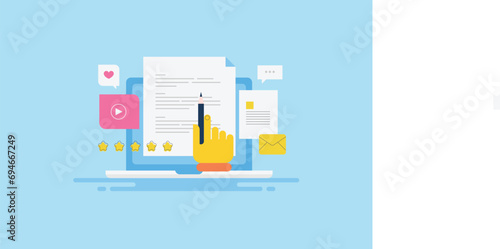 Text content writing, online blogging, content creation with research and analytics, quality content publication on digital format, social media update, email writing conceptual vector illustration.