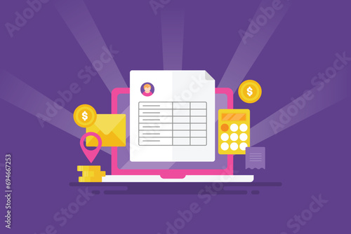 Online accounting, financial billing data, company audit report, tax e-filling calculating invoices conceptual vector illustration.