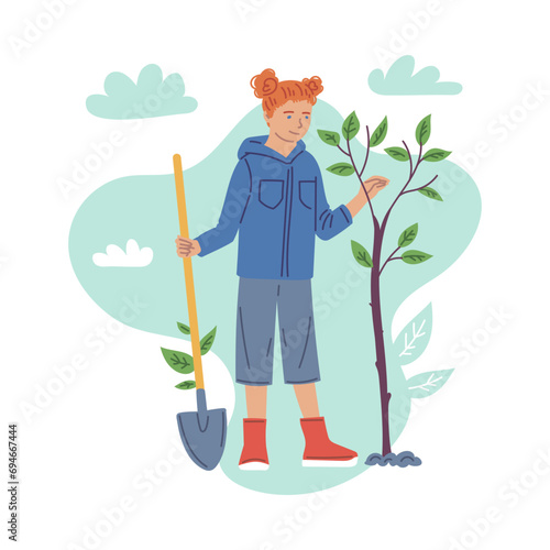 Girl plants a tree, ecologist volunteer, cartoon vector illustration