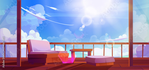 Wooden terrace with table and armchair above clouds against blue sky with sun. Cartoon patio or balcony made of wood with furniture for relax. Modern high house or hotel penthouse with deck for rest.
