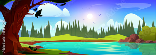Cartoon summer natural landscape with lake or river in forest on sunny day. Vector illustration of spring scenery with blue water in pond, green grass and trees with pines, sun on sky with clouds.