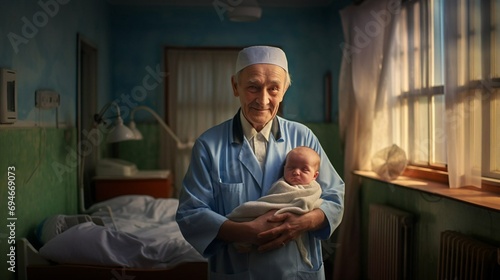An obstetrician holds a baby in her arms. International Day of the Midwife. An elderly male obstetrician hugs a newborn baby on a black background. Generative AI photo