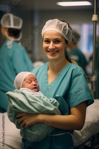 A midwife holds a baby in her arms. International Day of the Midwife. A young midwife nurse hugs a newborn baby against the backdrop of the ward. Generative AI