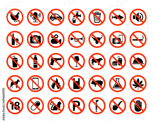 Prohibition signs, set vector illustration. Prohibition sign collection