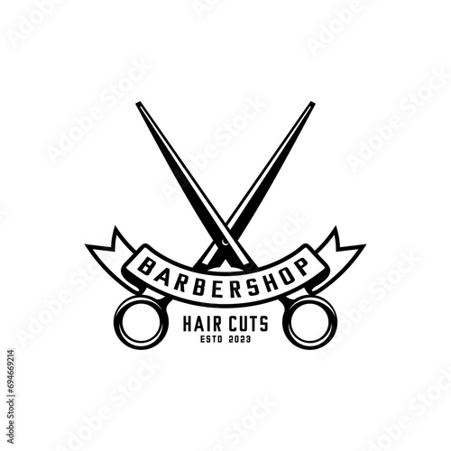 Barbershop logo, scissor and ribbon vector 
