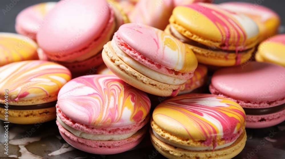 Swirled Pink and Yellow Macarons on Marble Swirled Pink and Yellow Macarons on Marble
