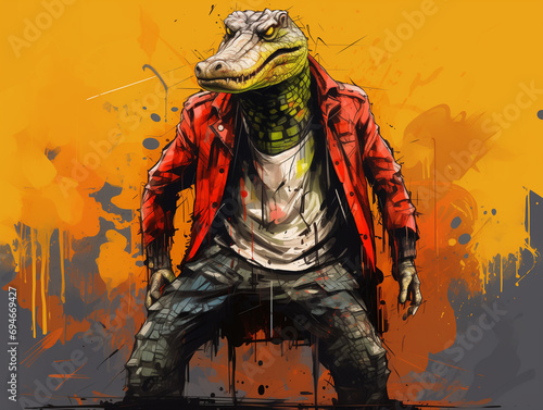 A Character Cartoon of an Alligator on an Abstract Background with Thick Textures and Bold Colors