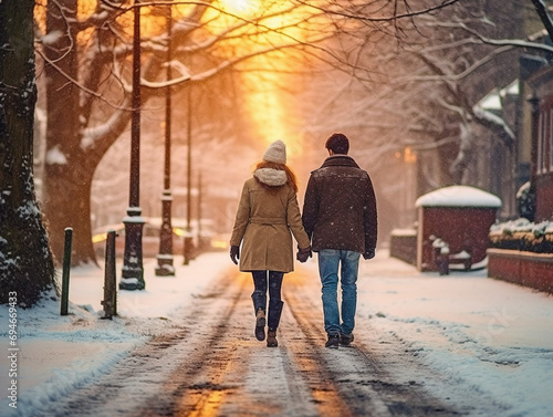 A man and a woman walking down a snowy street