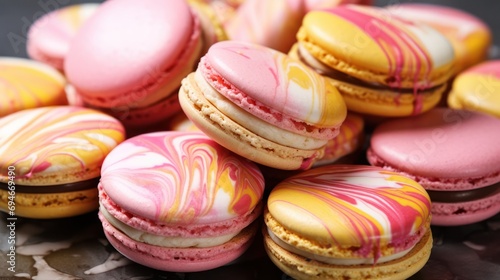 Swirled Pink and Yellow Macarons on Marble © Maryia