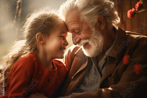 Happy elderly grandfather loves and cares for his granddaughter. Concept happy retirement lifestyle. © Soffee