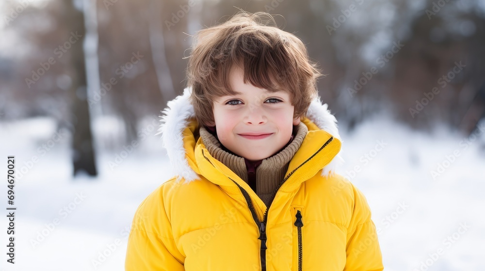 A young handsome smiling boy in a yellow jacket against the backdrop of a winter, snowy landscape. A young handsome smiling boy in a yellow jacket against the backdrop of a winter, snowy landscape.