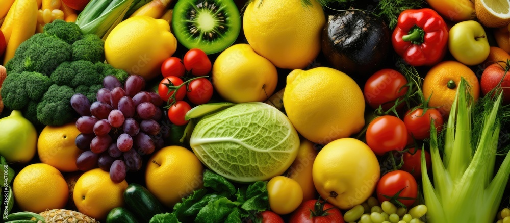 Different colorful fruits and vegetables all over the table. Different colorful fruits and vegetables all over the table.