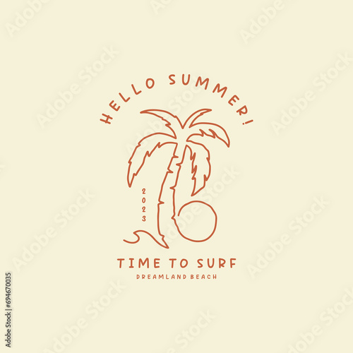 Monoline of palm tree, wave and sun. Design template for surf club, surf shop, surf merch.