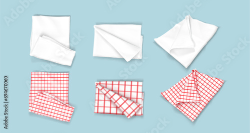 White empty and red gingham handkerchief mockup - realistic vector illustration set of folded cloth napkin or kitchen towel top view. Fabric textile tablecloth or restaurant serviette template.