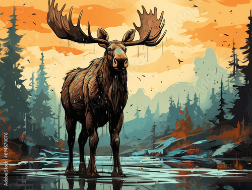 A Character Cartoon of a Moose on an Abstract Background with Thick Textures and Bold Colors photo