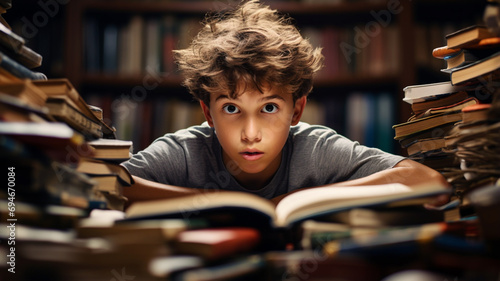 A boy is amazed while reading books in the library