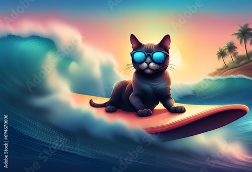 A cat wearing sunglasses surfs on ocean waves atop a surfboard, Generative AI