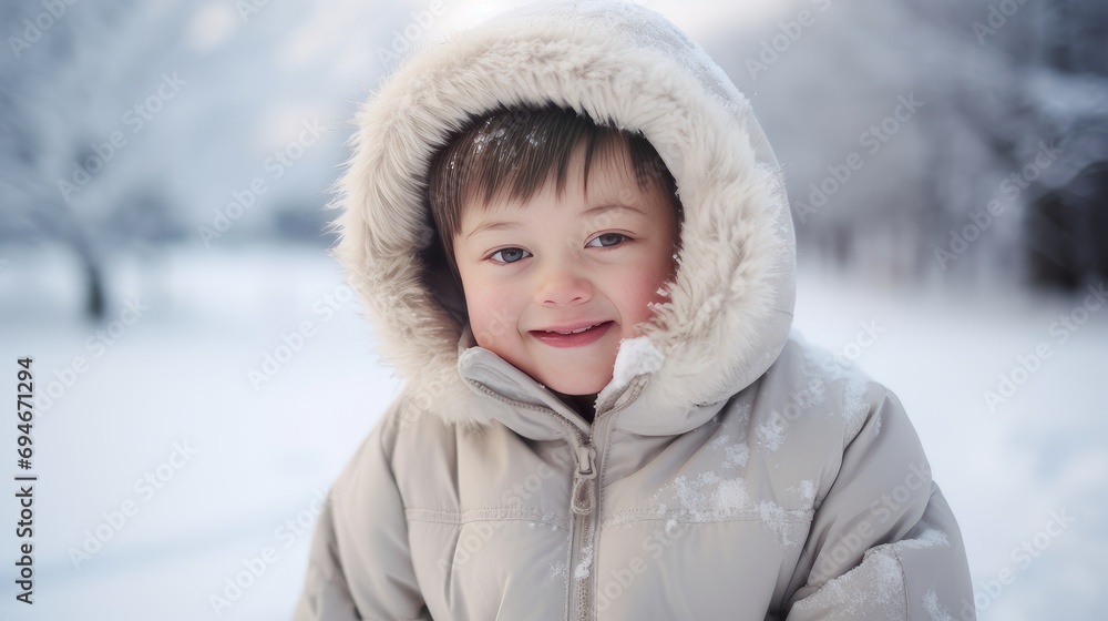 Portrait of a young, beautiful, smiling and happy child with Down syndrome in a jacket against the backdrop of a winter, snowy landscape.