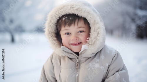 Portrait of a young, beautiful, smiling and happy child with Down syndrome in a jacket against the backdrop of a winter, snowy landscape.