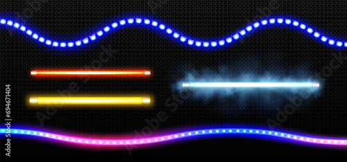 LED lamps in straight tube and waved stripe with bright neon colored light with beam and smoke. Realistic vector illustration set of luminous fluorescent electric bulbs for night club party decoration