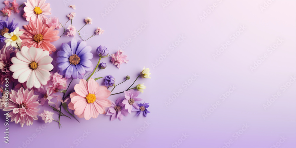 Naklejka premium Beautiful flowers on lilac background. Banner for Easter, Women's Day, Mother's Day, Valentine's Day with a place for text.