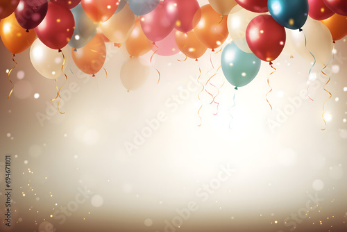 birthday party balloons, colourful balloons background and birthday cake with candles	 photo