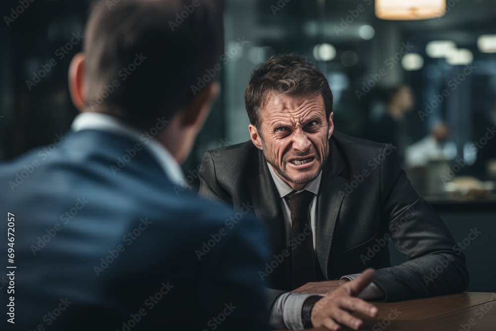 Photo of a boss looking frustrated while talking to an employee. Generative AI