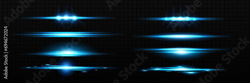 Horizontal blue light line with fade effect. Realistic vector illustration set of glow flare burst with beams. Neon flash strip with sparkle on transparent background. Magic shiny shimmer with glitter