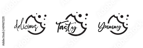 yummy tasty delicious sign on white background