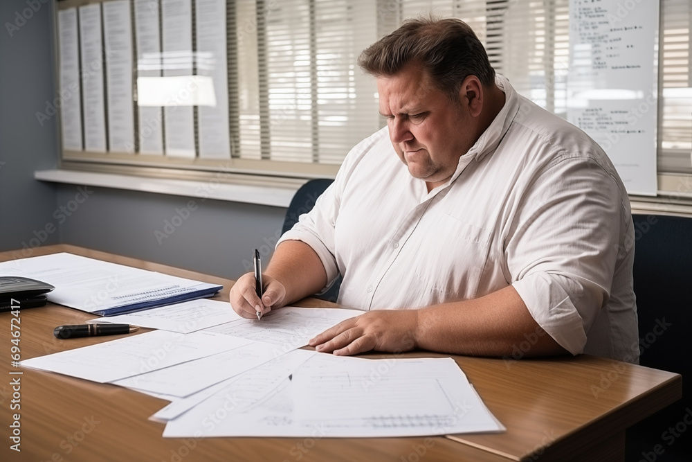 Plus-size businessman working in an office at his desk