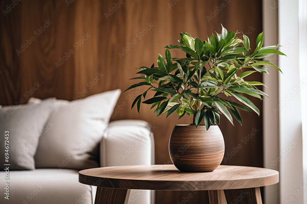 Close-up of a plant pot next to a sofa in a natural living room