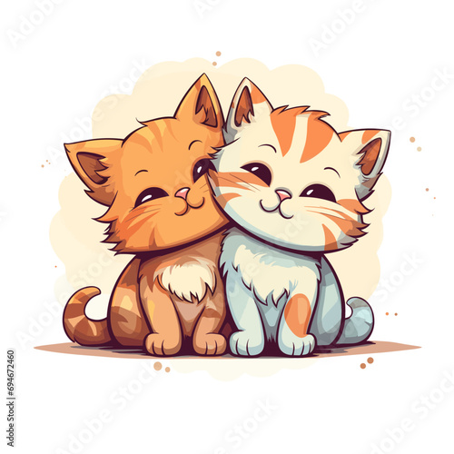 Two cartoon vector cats cuddling with eyes open