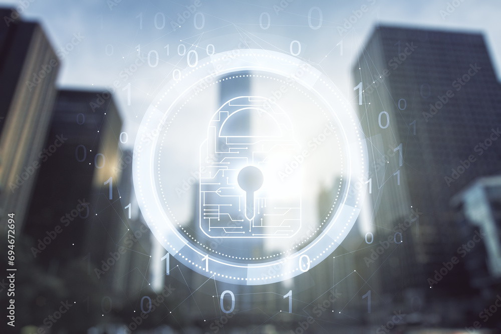 Double exposure of virtual creative lock hologram with chip on modern skyscrapers background. Information security concept Double exposure of virtual creative lock hologram with chip on modern skyscrapers background. Information security concept