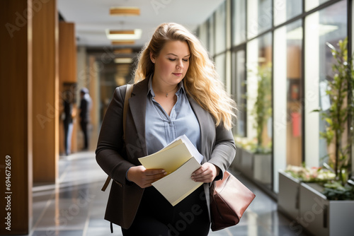 Plus-size office female office worker carrying papers along a brightly lit corridor