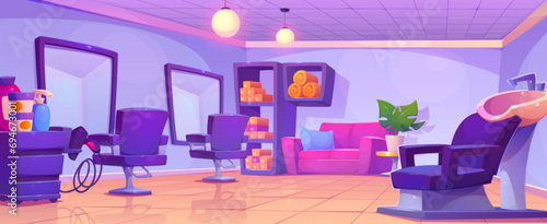Beauty salon interior design. Vector cartoon illustration of large barbershop room with mirrors on wall, hairdresser armchair, hair dye boxes and towels on shelves, dryer on drawer, shampoo bottles
