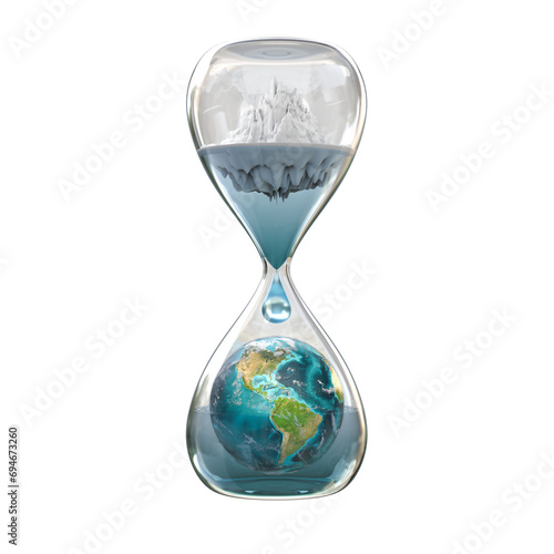 Earth planet in hourglass, Global warming concept on transparent background, PNG file