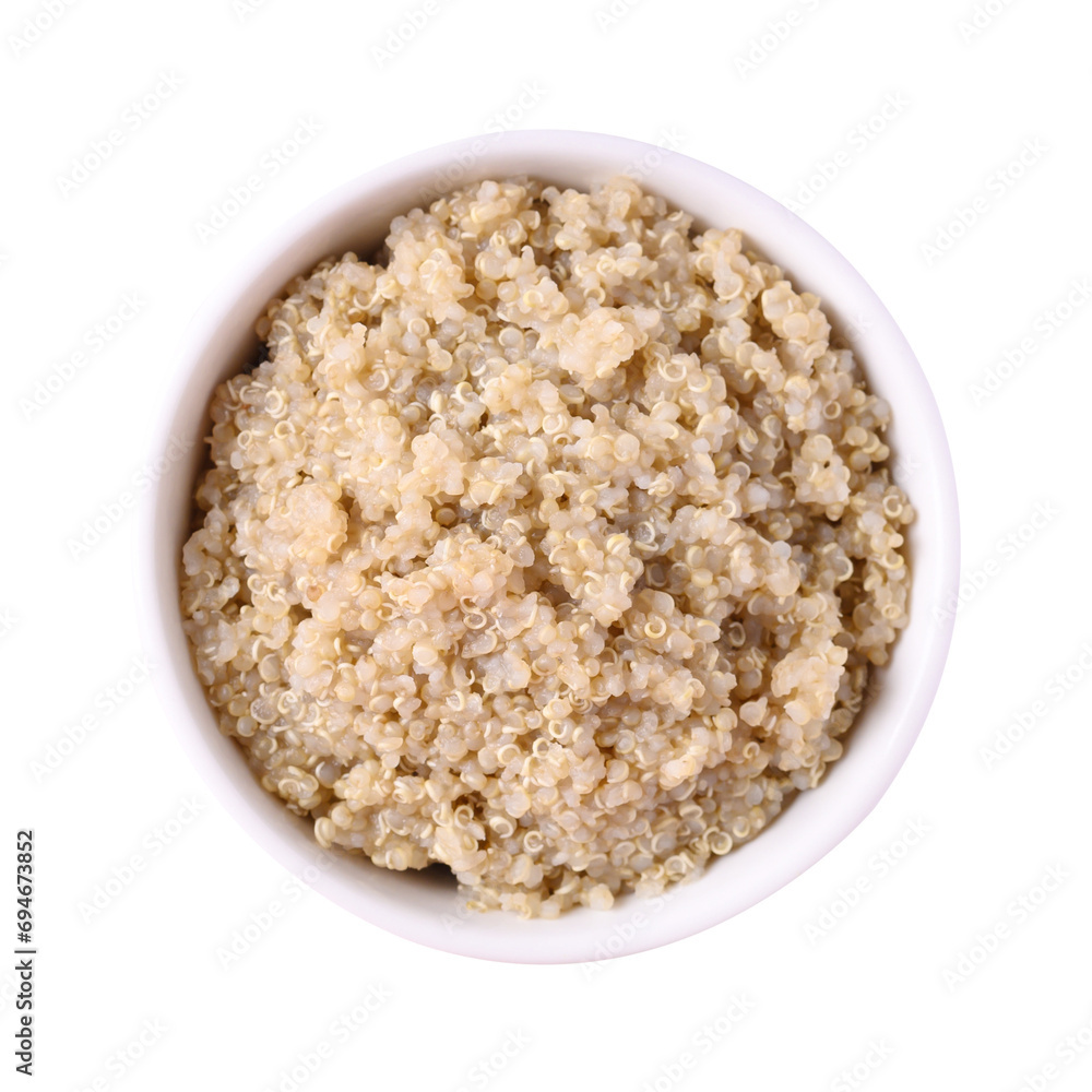 Cooked brown quinoa seeds in bowl, top view Cooked brown quinoa seeds in bowl, top view