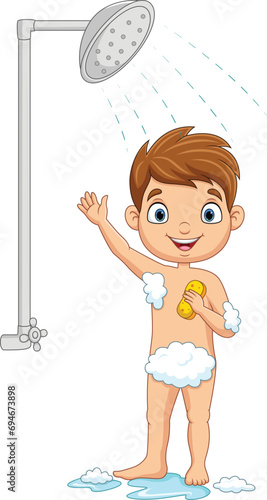 Cartoon little boy taking a bath