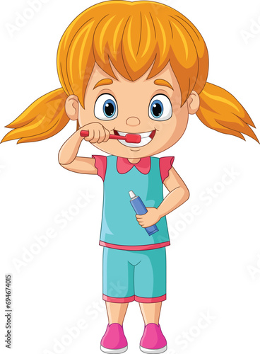Cartoon little girl brushing teeth