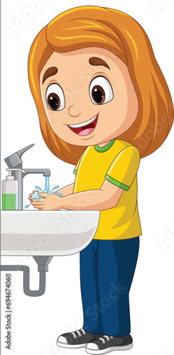 Cartoon little girl washing hands