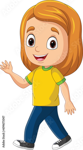 Cartoon little girl waving hand